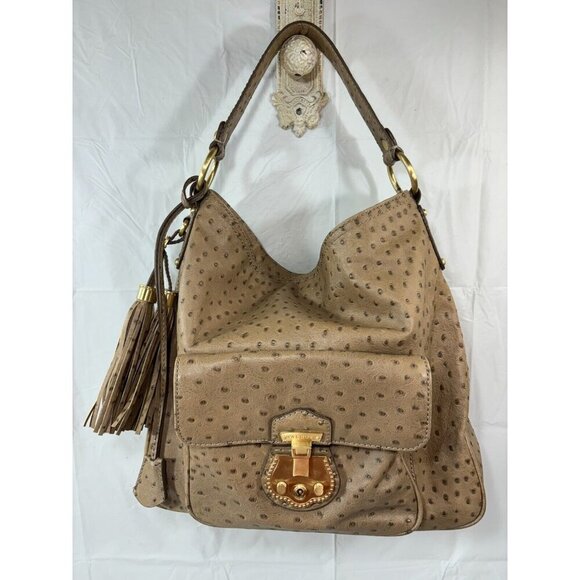 Talbots Light Brown Ostrich Leather Textured Hobo Bag Purse - Picture 1 of 17